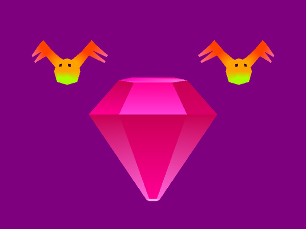 Two Ned heads next to a big purple gem. Ned is a weird orange creature with antlers.