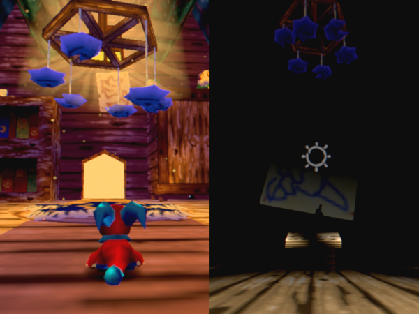 An interior comparison. They have the same mobile, same wooden floor, same style of crayon drawings on the walls.