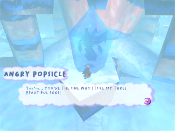 A block of ice named Angry Popsicle accuses Fynn of being an egg thief, because he has wings.