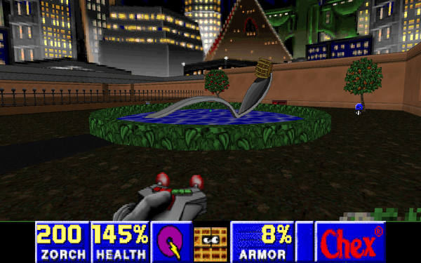 A Chex Quest screenshot depicting a sculpture of a spoon with a Chex piece on it