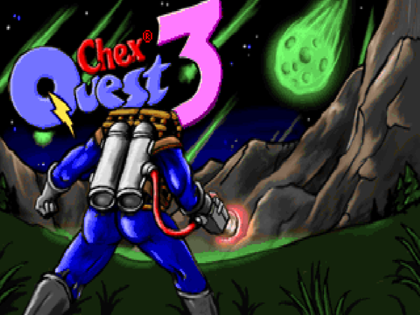 Chex Quest 3 title screen, featuring Fred Chexter's lovingly detailed ass