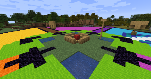 Gameplay screenshot. In the middle is a seating area. The whole environment is made out of wool and obsidian blocks.