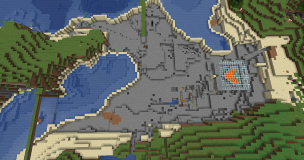 Minecraft screenshot. An aerial view of the spawn area’s beach, which has been almost entirely dug up to reveal the stone underneath.