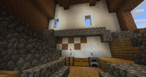 Inside of the cat head. There are stairs leading up to a second floor, as well as a crafting area and a furnace.