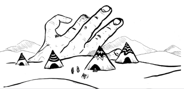 An ink drawing of a large monumental hand rising out of the sand. Several tents surround it.