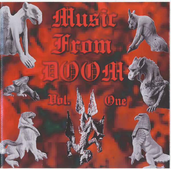 The cover art of Music From Doom Volume 1. Notably, it does not feature any of the Doom video game’s iconic characters, scenery, or typography. Instead, it seems to be cut out photos of gargoyles on a red background.