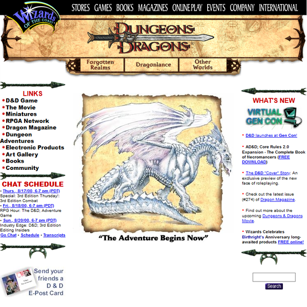 The main page of the Dungeons and Dragons website from 2000