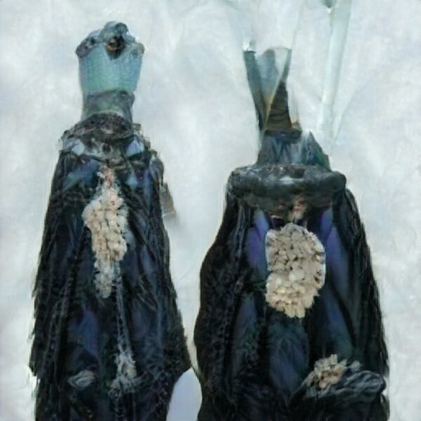 An AI generated image of two figures in blue robes with geometric heads