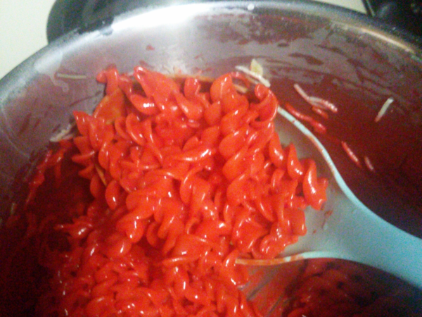 The pasta. It's red.