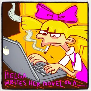 Helga smoking a cigarette while writing on a laptop