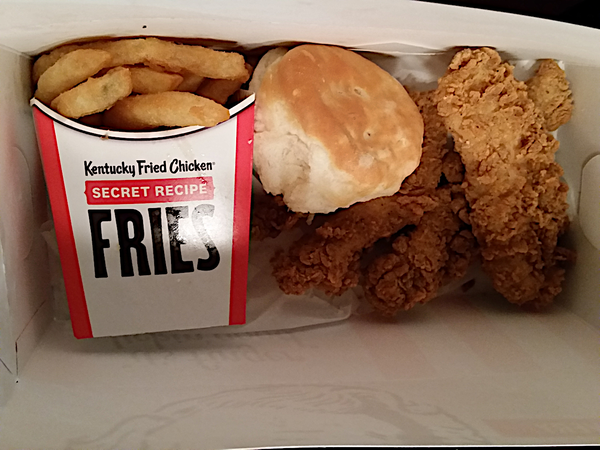 Fries, a biscuit, and tenders