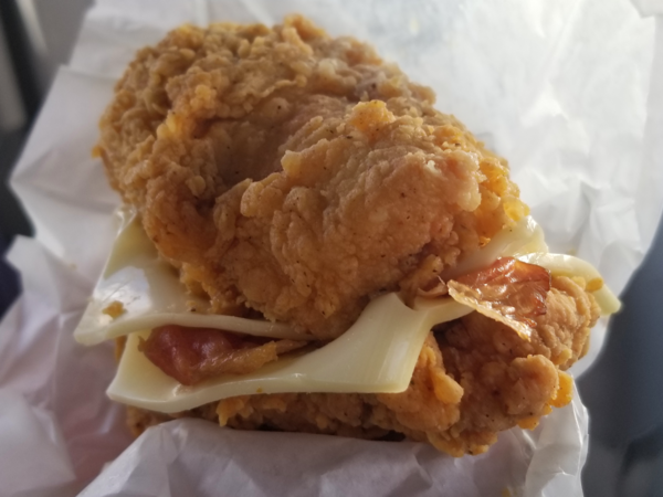 Me holding the KFC Double Down, in all of its terrible glory.