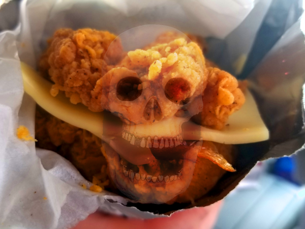 A close-up of the KFC Double Down, with a skull faintly superimposed on top.