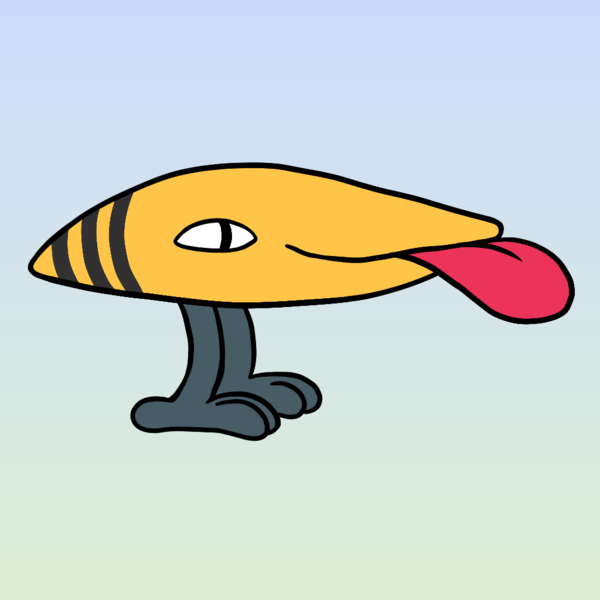 A very strange creature. She’s like a yellow football on two chicken legs, with black stripes on her butt and a big floppy tongue coming out of her beak-like mouth.