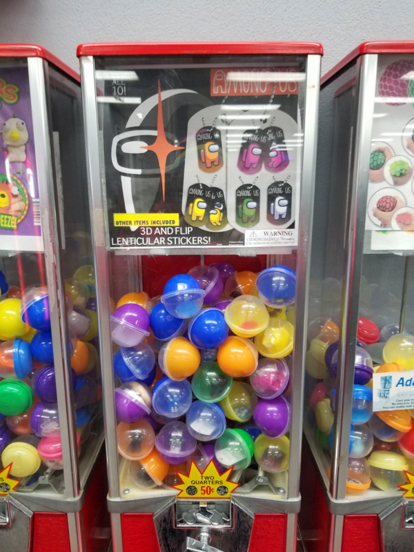 A capsule machine that dispenses Among Us toys