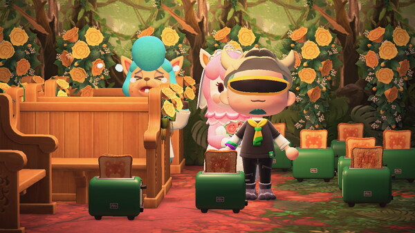 Animal Crossing screenshot of a wedding chapel filled with toasters